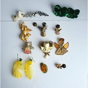 Lot Of Holiday Jewelry Brooches Pins Earrings Angels Rooster